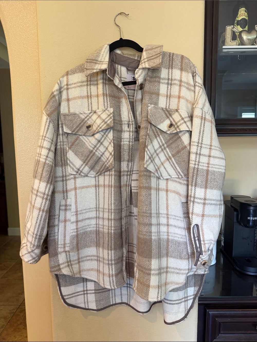 SO Plaid Teddy Shacket Jacket - Beige & Cream
